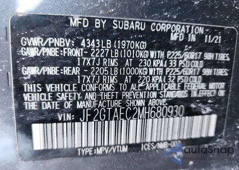 2021 Subaru Crosstrek Premium z USA, uszkodzony, nr VIN JF2GTAEC2MH680930